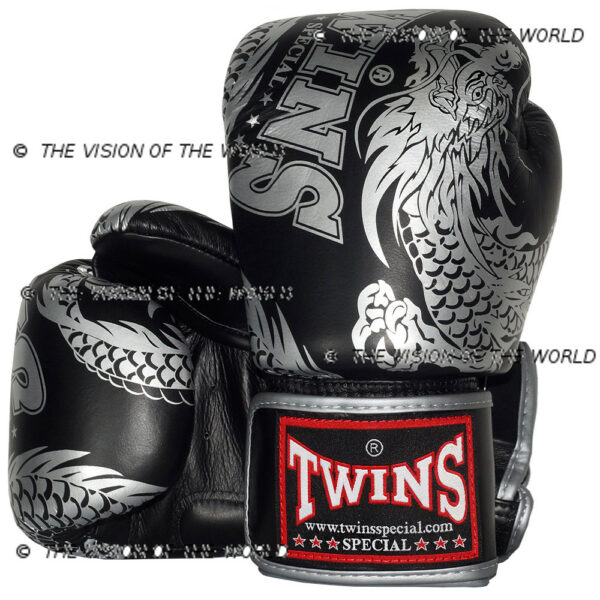 Gants Twins FBGV-49 muay thai kick boxing mma boxe anglaise boxe thai boxe pieds-poings noir argent