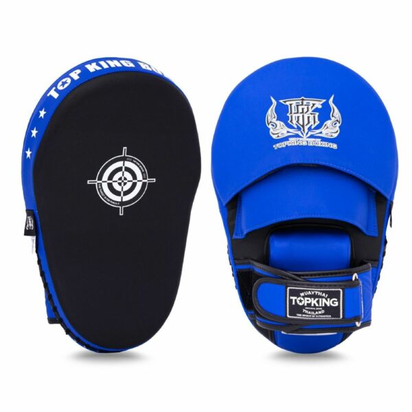 Paos d'entraînement TopKing TKFME en bleu et noir, avec cible blanche centrale et sangle de maintien au dos. Conçus pour les sports de combat comme le Muay Thaï.