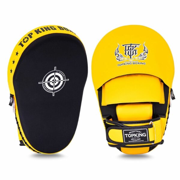 Paos d'entraînement TopKing TKFME en jaune et noir, avec cible blanche centrale et sangle de maintien au dos. Conçus pour les sports de combat comme le Muay Thaï.