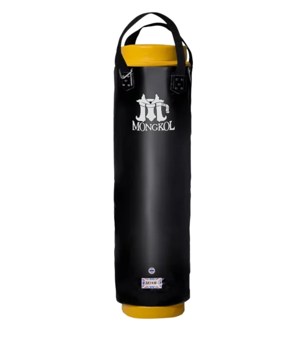 Le sac de frappe Mongkol noir/jaune est conçu pour les sportifs exigeants en quête de performance et de durabilité