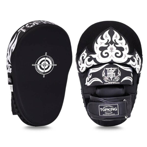 Pattes d’ours Topking Kanok en cuir noir avec motif argenté, équipement Muaythaï pour entraînement intensif