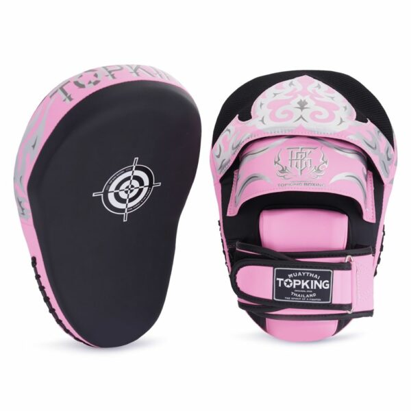 Pattes d’ours Topking Kanok en cuir rose et noir avec motif argenté, équipement Muaythaï pour entraînement intensif