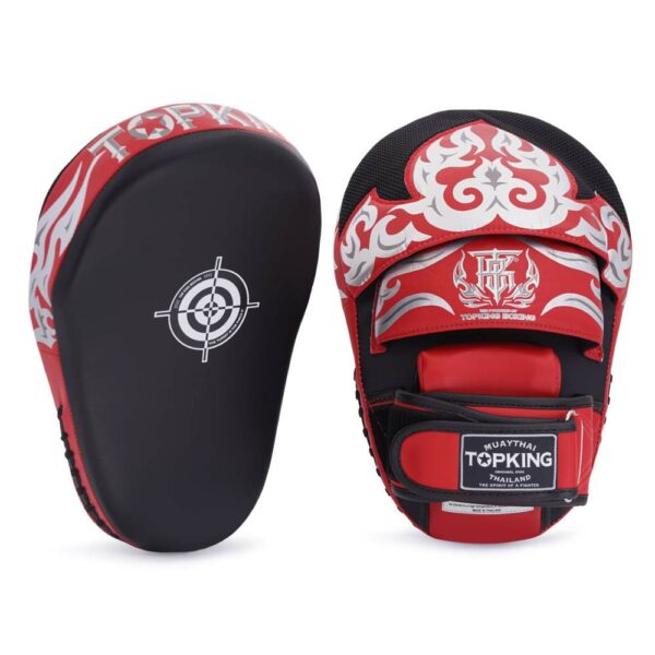 Pattes d’ours Topking Kanok en cuir rouge et noir avec motif argenté, équipement Muaythaï pour entraînement intensif