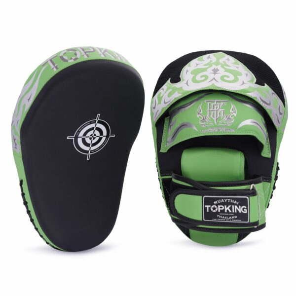 Pattes d’ours Topking Kanok en cuir vert et noir avec motif argenté, équipement Muaythaï pour entraînement intensif