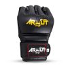 Gant MMA ARWUT PRO FIGHT MMAG2 vue de face Gant MMA ARWUT PRO FIGHT MMAG2 seul, cuir noir, logo ARWUT doré, sangle velcro noire et rouge