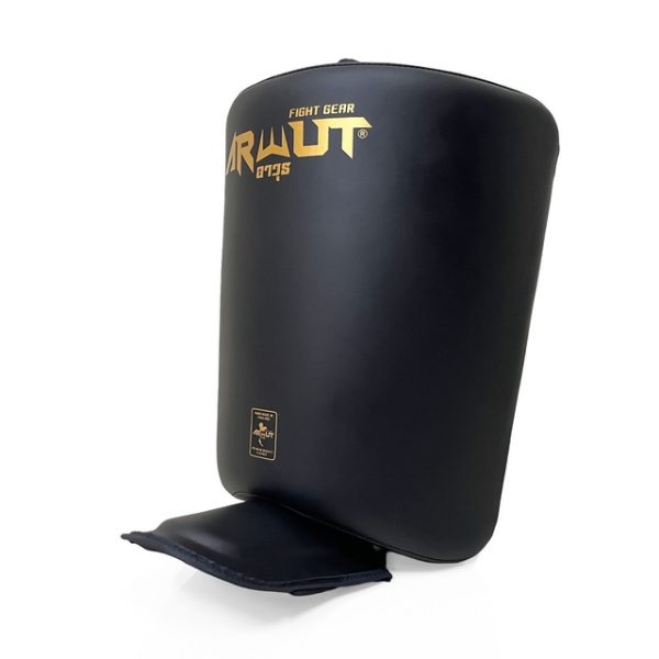 CALF-KICK- Arwut PADS-cote Calf Kick Pads vue de coté ARWUT CKP1 professionnels pour entraînement Muay Thai, MMA et kickboxing, protection tibia et mollet haute densité pour coachs et sportifs
