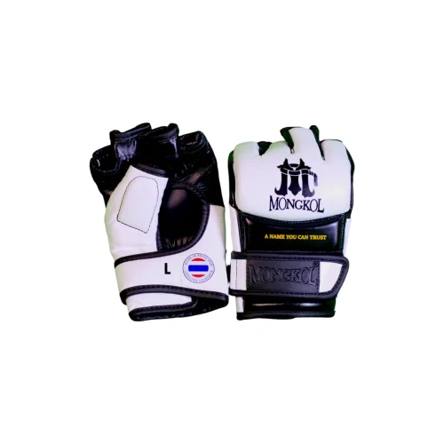 Paire de gants MMA Sparring Mongkol MGM01 en cuir blanc et noir, doigts ouverts, logo Mongkol, taille L, fabriqués en Thaïlande