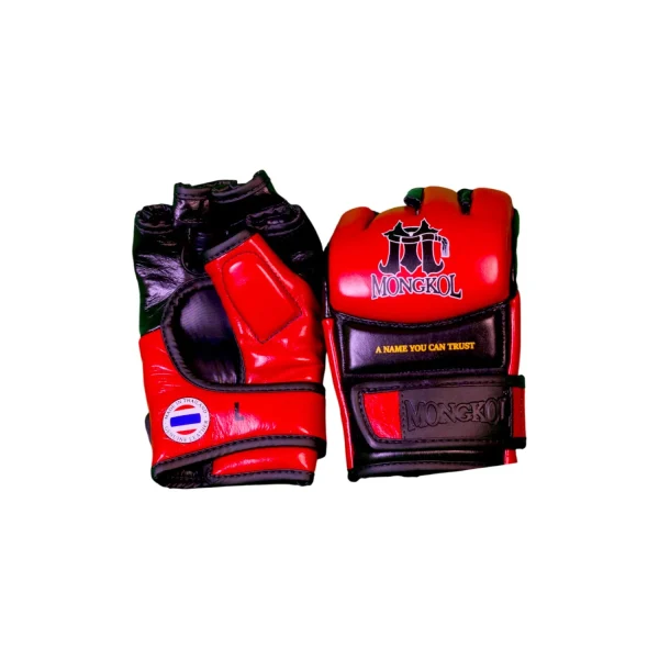 Gants MMA Sparring Mongkol MGM01 rouge et noir Paire de gants MMA Sparring Mongkol MGM01 en cuir blanc et noir, doigts ouverts, logo Mongkol, taille L, fabriqués en Thaïlande