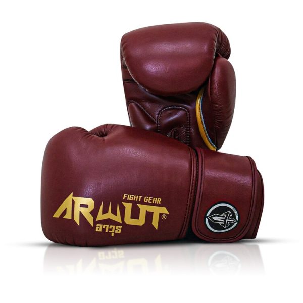 Gants de boxe Arwut-Muay-Thai-Rouge Gants de boxe ARWUT Muay Thai bordeaux avec design premium, protection renforcée pour entraînement de boxe et sports de combat