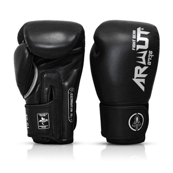 Gants de boxe Arwut-Muay-Thai-noir Gants de boxe ARWUT Muay Thai noir avec design premium, protection renforcée pour entraînement de boxe et sports de combat
