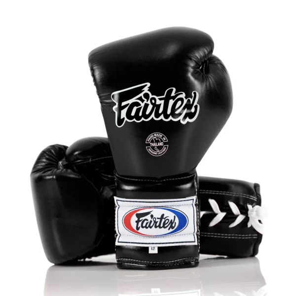 Gants de boxe Fairtex bgL7 noir Gants de boxe noir professionnels Fairtex BGL7 Mexican Style à lacet noirs en cuir véritable pour muay thai et kickboxing