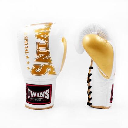 Gants de boxe thaïlandaise Twins BGLL1-2T blanc et or à lacet en cuir véritable pour muay thai et boxe anglaise