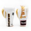Gants de boxe de face thaïlandaise Twins BGLL1-2T blanc et or à lacet en cuir véritable pour muay thai et boxe anglaise