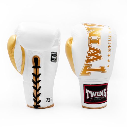 Gants de boxe de face thaïlandaise Twins BGLL1-2T blanc et or à lacet en cuir véritable pour muay thai et boxe anglaise