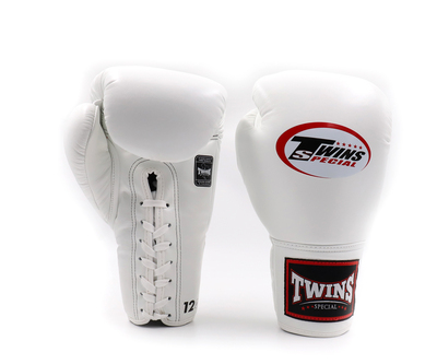 Gants de boxe à lacet blanc Twins BGLL1 à lacet en cuir véritable rouge pour muay thai et kickboxing