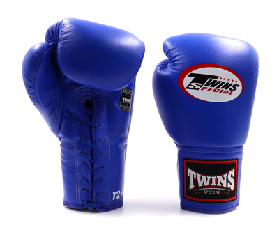 Gants de boxe à lacet bleu Twins BGLL1 à lacet en cuir véritable rouge pour muay thai et kickboxing