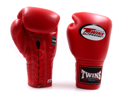 Gants de boxe thaïlandaise Twins BGLL1 à lacet en cuir véritable rouge pour muay thai et kickboxing
