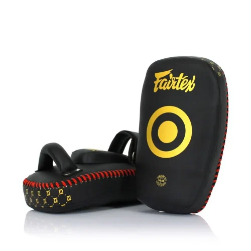 Paos Fairtex kplc6 devant et coucher Paos Fairtex KPLC6 noir et jaune, un posé et un debout