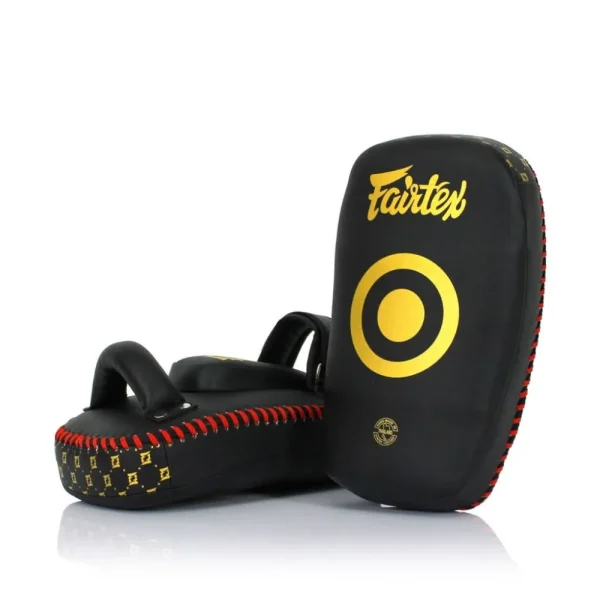 Paos Fairtex kplc6 devant et coucher Paos Fairtex KPLC6 noir et jaune, un posé et un debout