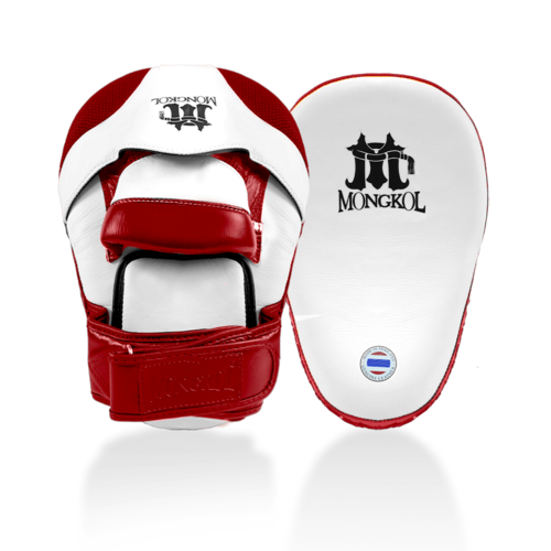 Pattes d’ours de boxe thaï Mongkol PMM02 blanc/rouge disponibles en plusieurs couleurs et tailles pour entraînement Muay Thaï