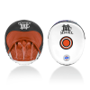 Pattes d'ours Mongkol PMM03 blanc orange, focus mitts muay thai cuir noir, zone de frappe convexe