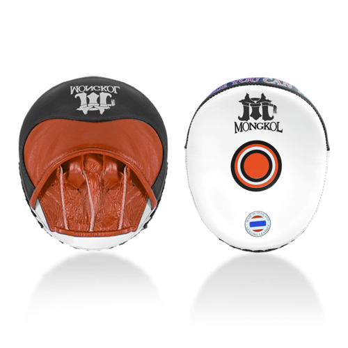 Pattes d'ours Mongkol PMM03 blanc orange, focus mitts muay thai cuir noir, zone de frappe convexe
