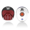 Pattes d'ours Mongkol PMM03 blanc rouge, focus mitts muay thai cuir noir, zone de frappe convexe