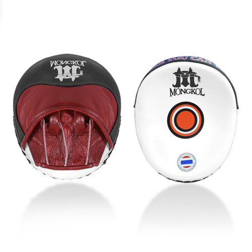 Pattes d'ours Mongkol PMM03 blanc rouge, focus mitts muay thai cuir noir, zone de frappe convexe