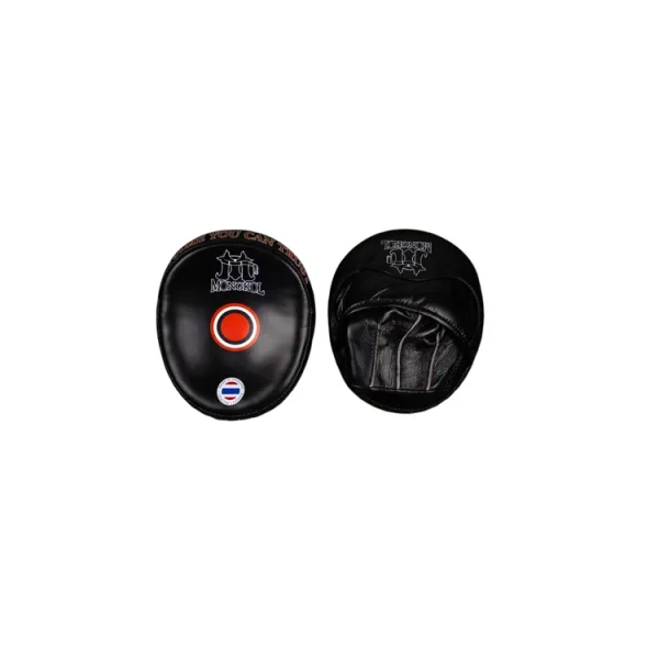 Pattes d'ours Mongkol PMM03 noir, focus mitts muay thai cuir noir, zone de frappe convexe