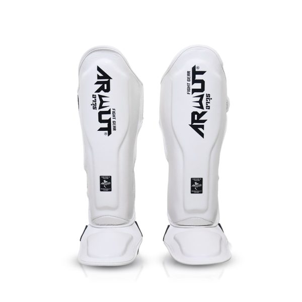 Protège-tibias blanc ARWUT SG4 The Ascent professionnels pour Muay Thai, MMA et kickboxing avec protection renforcée tibia et pied haute densité pour entraînement intensif