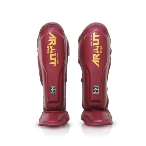 Protège-tibias bordeaux ARWUT SG4 The Ascent professionnels pour Muay Thai, MMA et kickboxing avec protection renforcée tibia et pied haute densité pour entraînement intensif