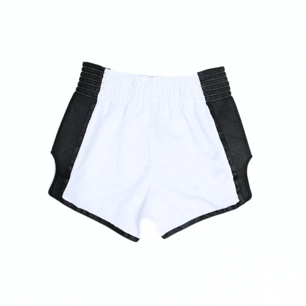 Short fairtex Muaythai vue de dos Short de Muay Thai Fairtex blanc vue de dos avec panneaux mesh noirs