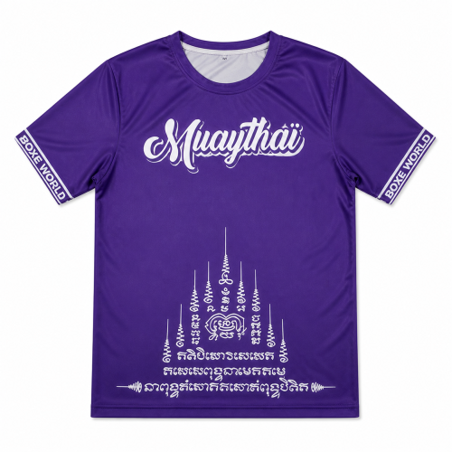T-shirt Muay Thai violet de sport avec motifs traditionnels et carte de la Thaïlande pour l'entraînement de boxe. vue de face