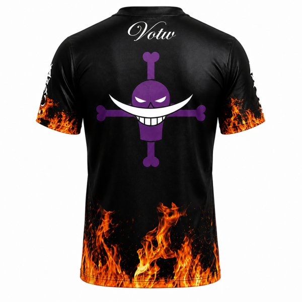 T-shirt asce one piece vue de dos T-shirt noir one piece Boxe World avec symbole pirate violet et flammes