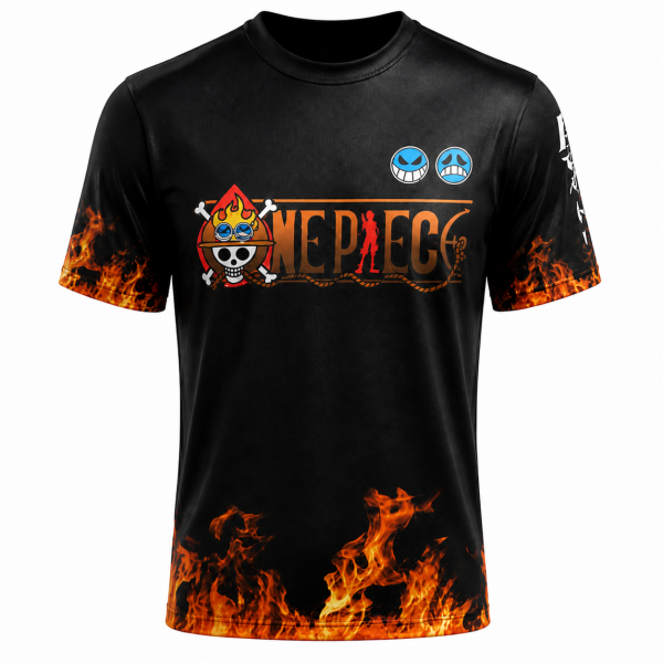 T-shirt one piece asce T-shirt One Piece noir avec logo et flammes orange vu de face
