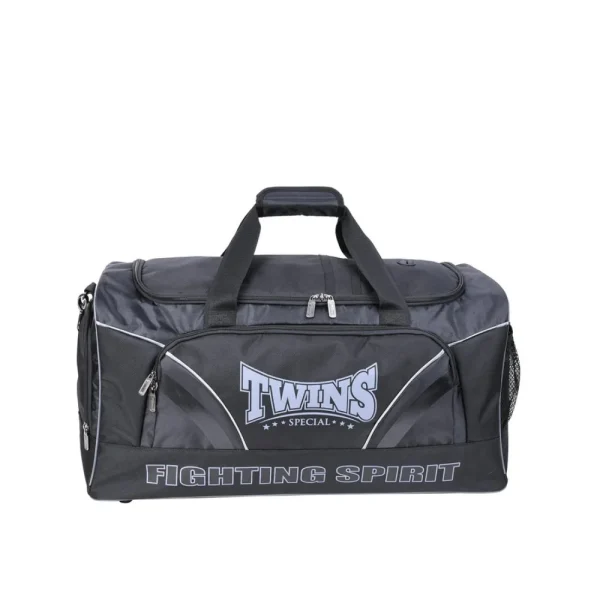 Sac de sport Twins BAG2 noir vue de face, logo Twins Special et inscription Fighting Spirit, poignées supérieures