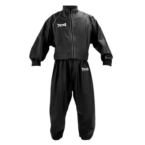 Ensemble de sudation Twins VS1 de face en vinyle noir, veste zippée et pantalon élastiqué, logo Twins Special, pour Muaythai et MMA