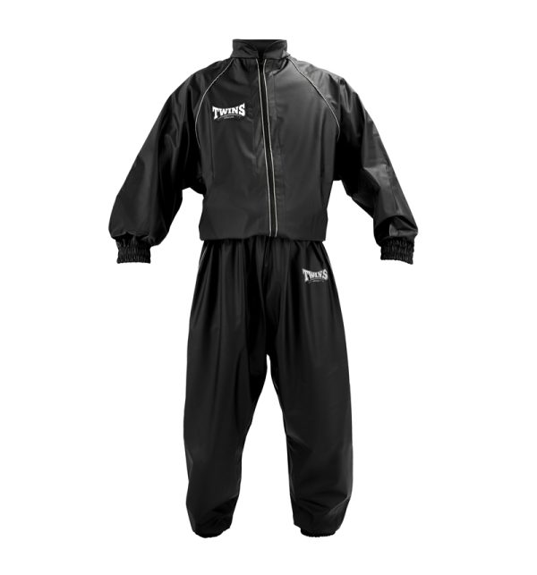 ensemble de sudation twins vs1 Ensemble de sudation Twins VS1 de face en vinyle noir, veste zippée et pantalon élastiqué, logo Twins Special, pour Muaythai et MMA