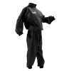 Titre Ensemble de sudation Twins VS1 noir deux pièces Ensemble de sudation Twins VS1 de profile en vinyle noir, veste zippée et pantalon élastiqué, logo Twins Special, pour Muaythai et MMA