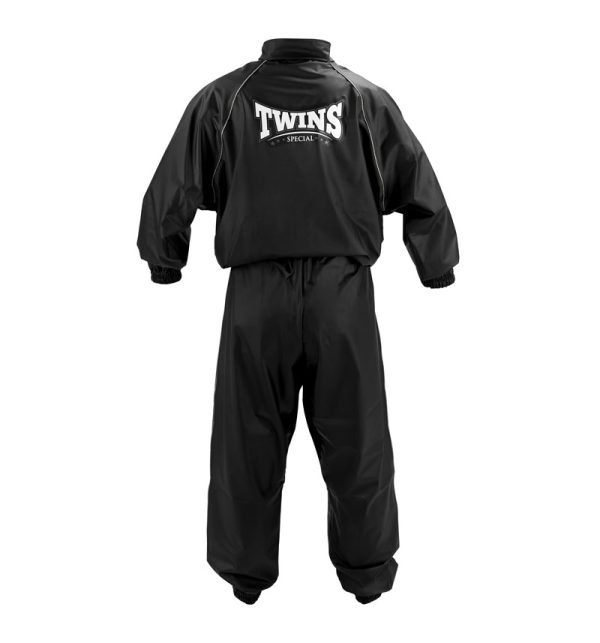 ensemble de sudation twins vs1 de dos Ensemble de sudation Twins VS1 de dos en vinyle noir, veste zippée et pantalon élastiqué, logo Twins Special, pour Muaythai et MMA