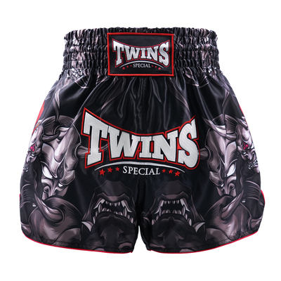 Short Muay Thai Twins Kabuki noir vue de face masques de démons gris