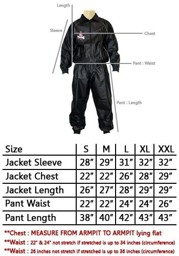 twins-special-sauna-suit-sweatsuit-size-chart Ensemble de sudation Twins VS1 sizing en vinyle noir, veste zippée et pantalon élastiqué, logo Twins Special, pour Muaythai et MMA