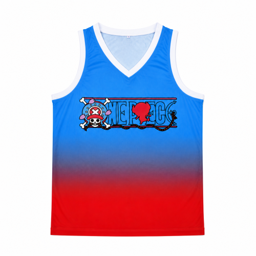 Débardeur One Piece Chopper bleu et rouge vu de face sur fond blanc