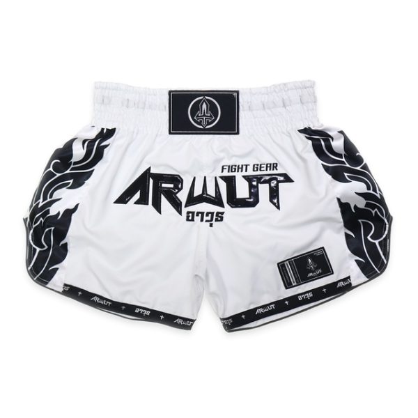 Short de Muay Thaï Arwut Ascent Blanc Collection avec motifs latéraux et logo Arwut.