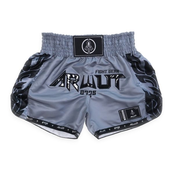 Short de Muay Thaï Arwut Ascent Gris Collection avec motifs latéraux et logo Arwut.