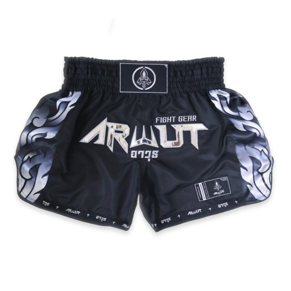 Short de Muay Thaï Arwut Ascent Noir Collection avec motifs latéraux et logo Arwut.