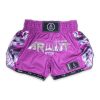 Short de Muay Thaï Arwut Ascent violet Collection avec motifs latéraux et logo Arwut.