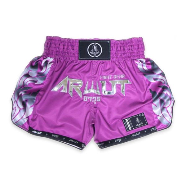 Short de Muay Thaï Arwut Ascent violet Collection avec motifs latéraux et logo Arwut.