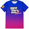 T-shirt Gta 6 T-shirt GTA VI bleu violet et rose avec logo Grand Theft Auto VI sur le devant.