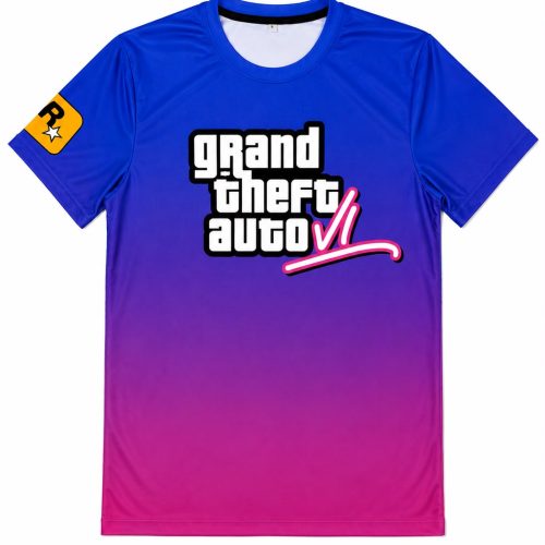 T-shirt GTA VI bleu violet et rose avec logo Grand Theft Auto VI sur le devant.